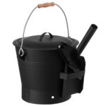 Gardenised QI004552 Black Iron Ash Bucket with Lid and Wood Handle Brush Use for Fire Pit, Wood Burning Stove and Grill